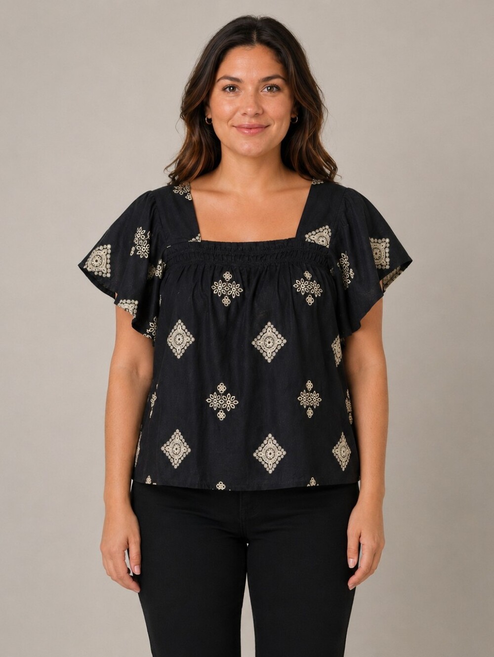 a.n.a Black Embroidered Flutter Sleeve Peasant Blouse Large A-292